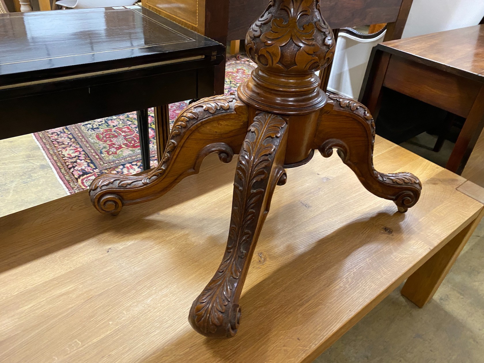 A mid Victorian tulip banded burr walnut 'D' shaped folding card table width 92cm, depth 45 cm, height 71cm